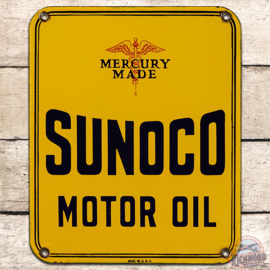 Sunoco Motor Oil SS Porcelain Sign w/ Mercury Made Logo