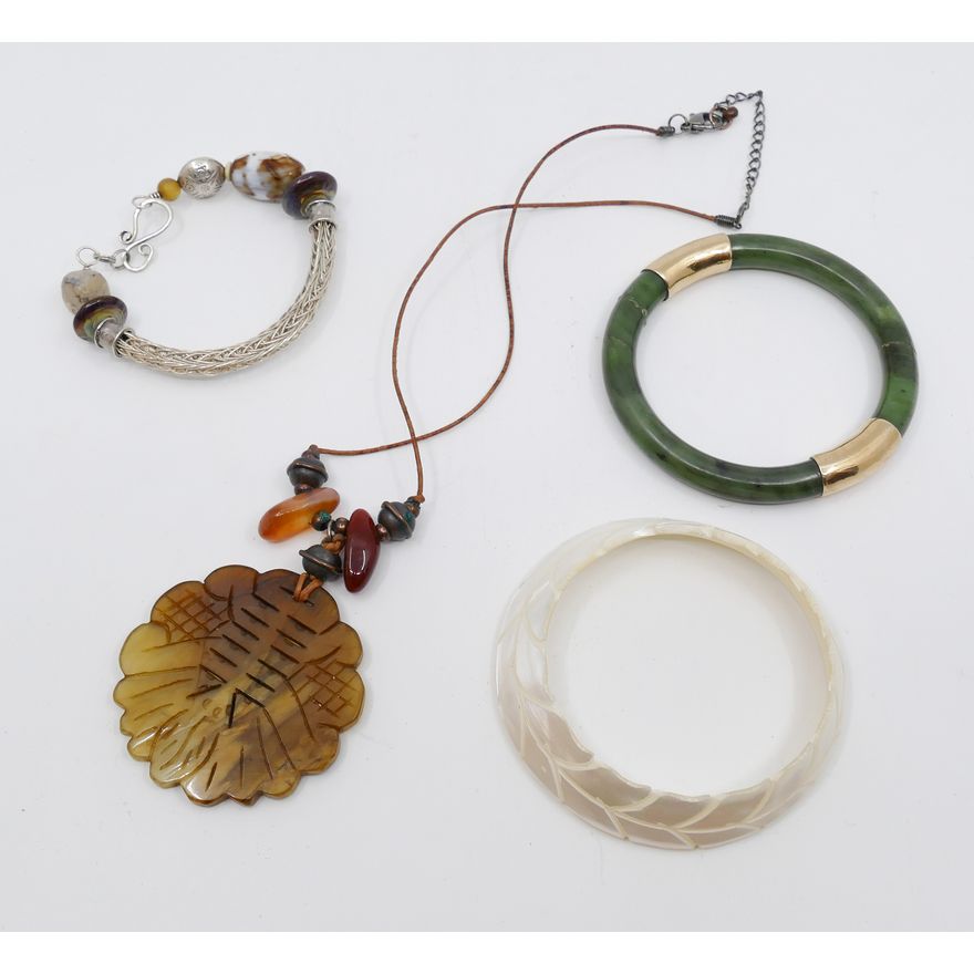 4pc Bracelets and Hardstone Necklace. Green Bangle has 14K Gold Fittings