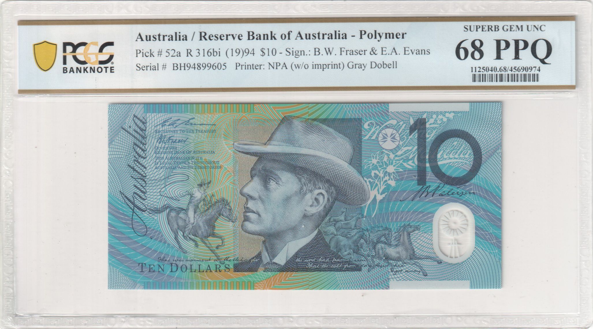 Fraser/Evans, Grey Dobell, Ten Dollar, 1994, PCGS Superb Gem UNC 68 PPQ