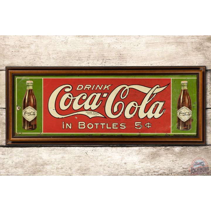 Early Drink Coca Cola in Bottles 5c & 2 Bottles Tin Sign