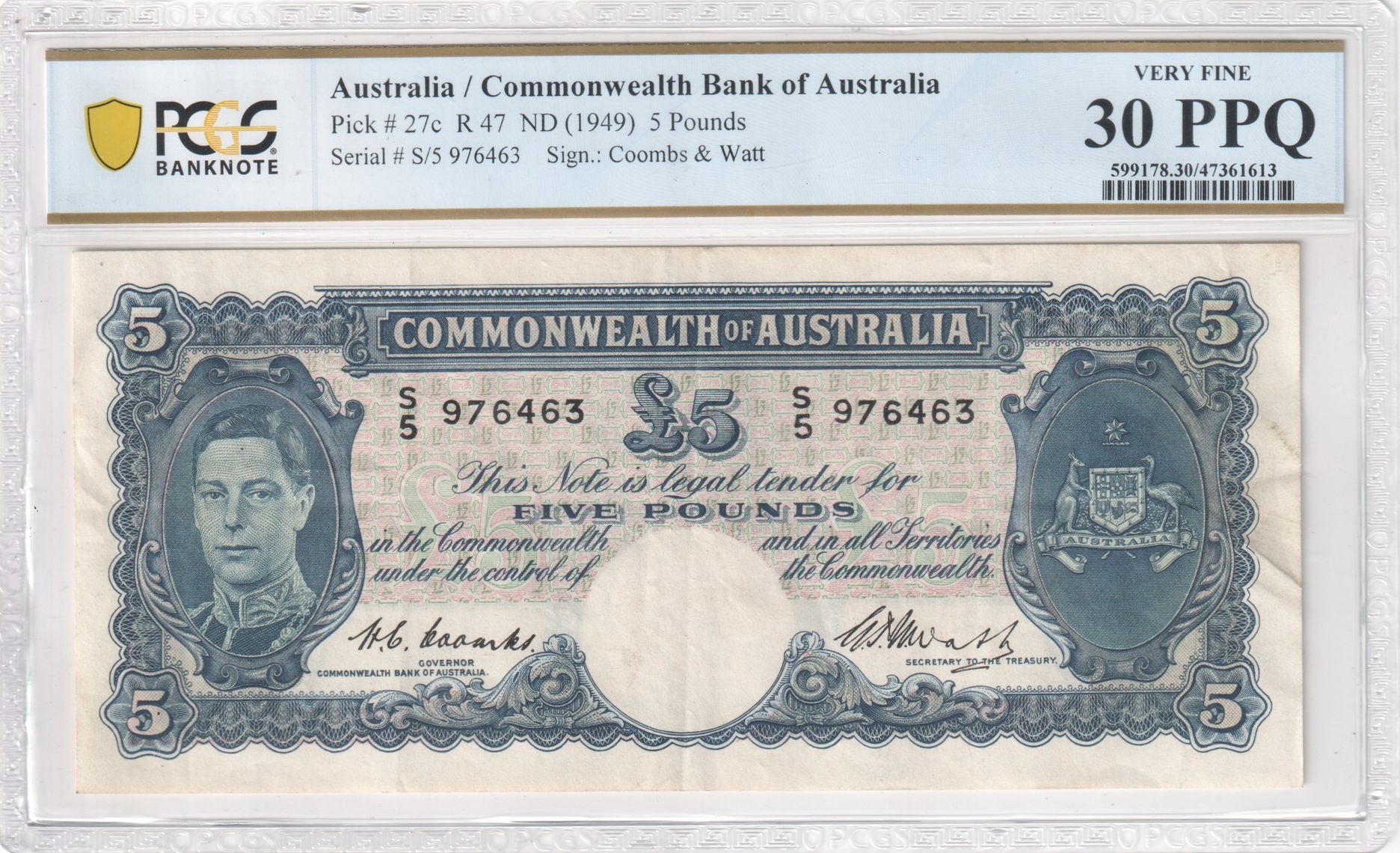 404 · Five Pounds, 1949, PCGS Very Fine 30 PPQ