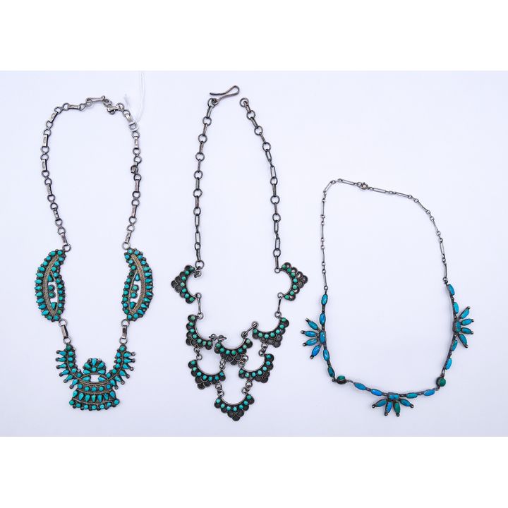 3pc Zuni Petit Point Sterling and Turquoise Necklaces 14'' Approx.