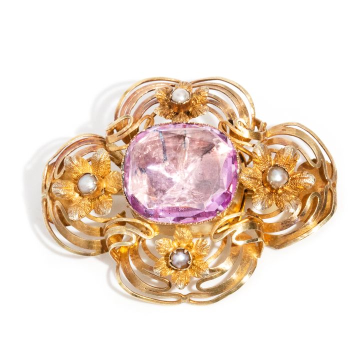 Antique Pink Topaz & Seed Pearl 14ct Gold ,