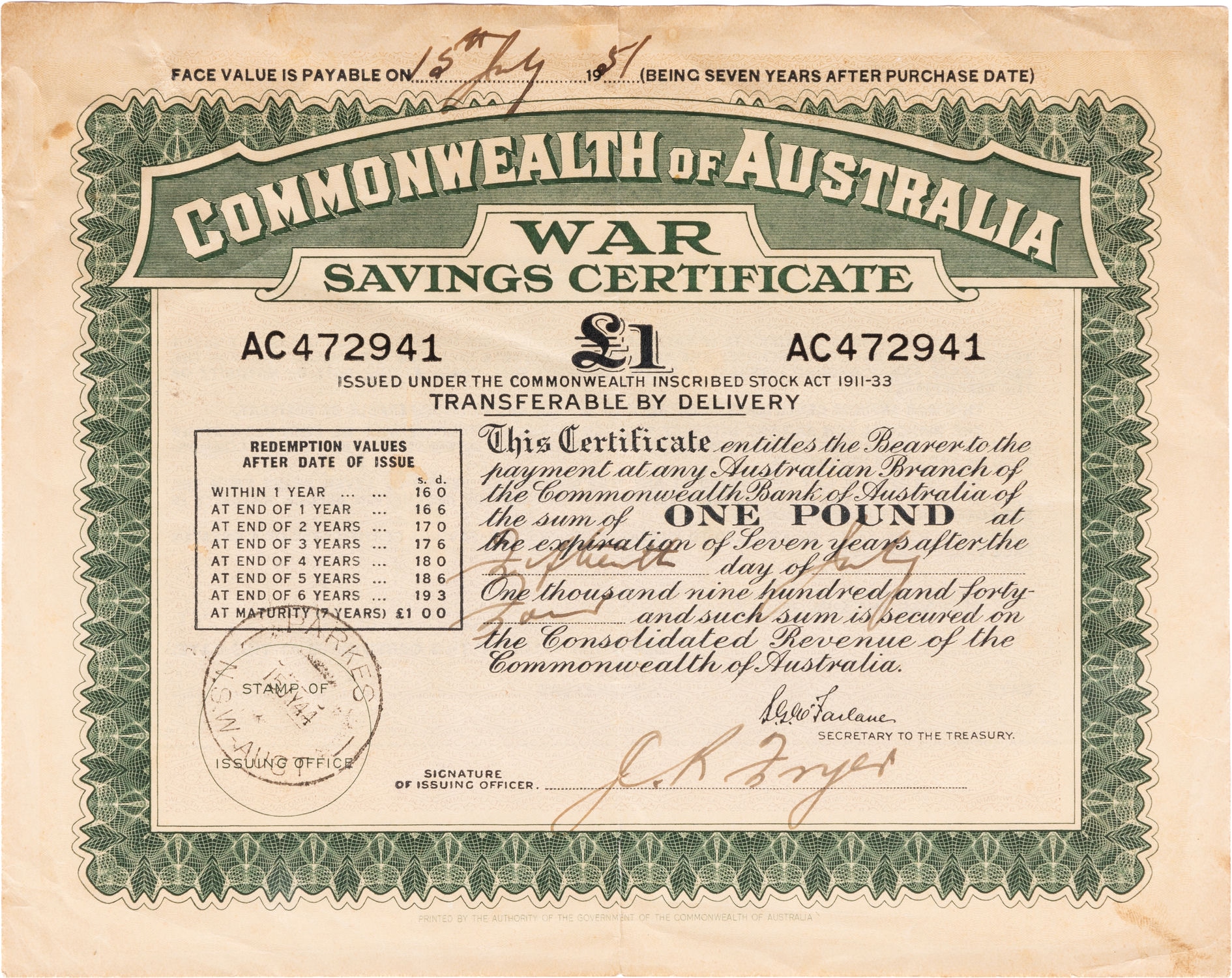 War Savings Certificate, One Pound, 1944, aVF