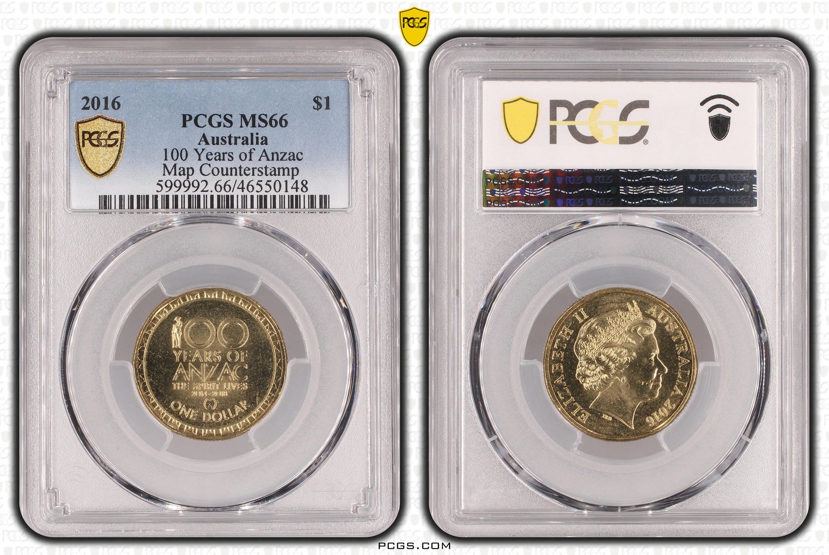 100 Years of Anzac, Map Counterstamp, One Dollar, 2016, PCGS MS66
