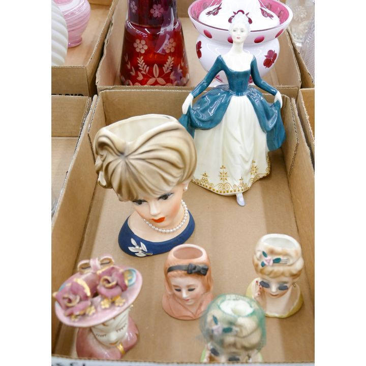 Box Vintage Ceramic Head Vases & Doulton Figurine Etc.
