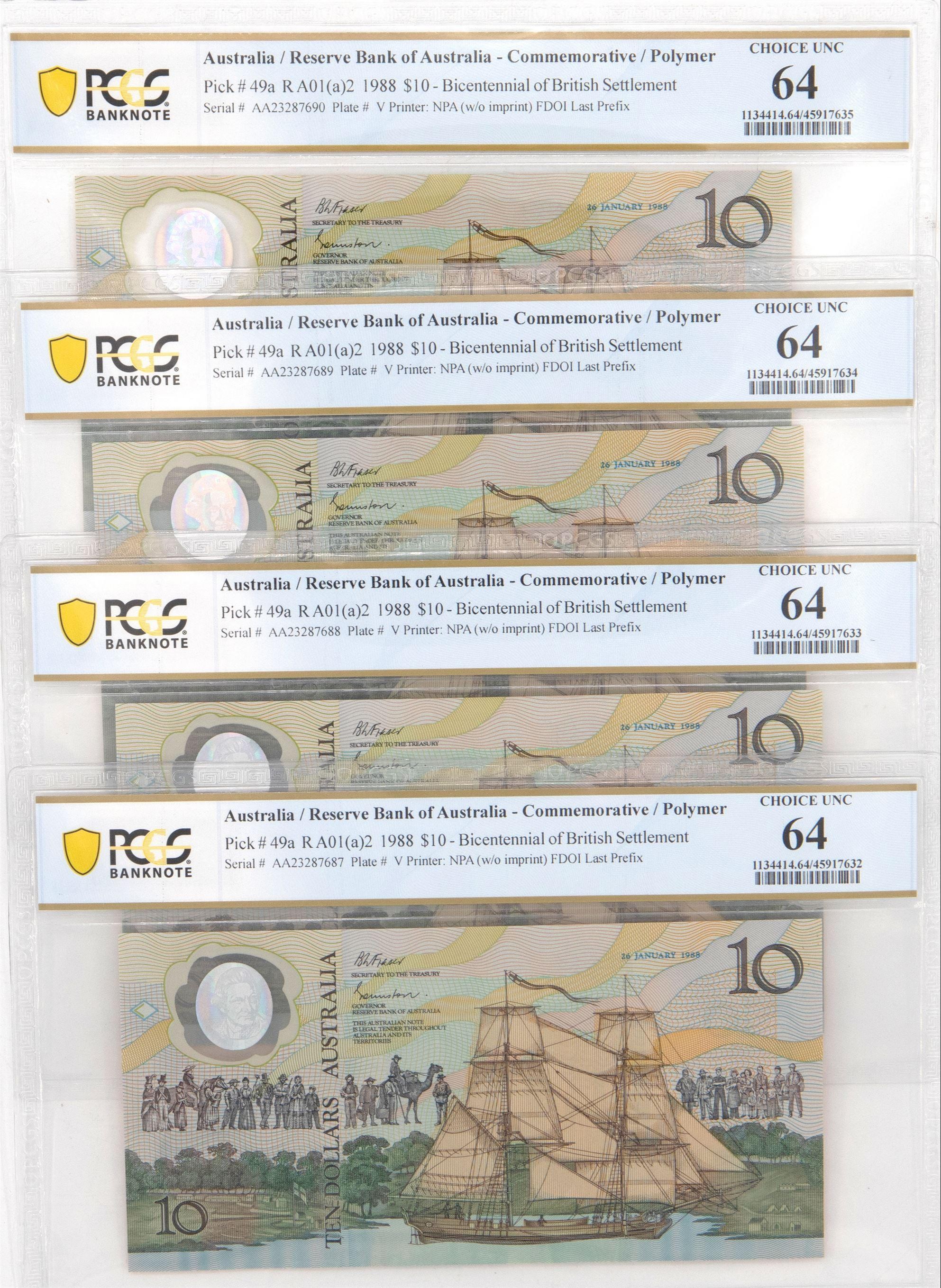 1988 $10 Johnston/Fraser Choice Unc 64 Consecutive Run of 4 Last Prefix Notes