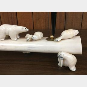 LARGE! Carved Fossilized Ivory Desktop Pen and Pencil Holder