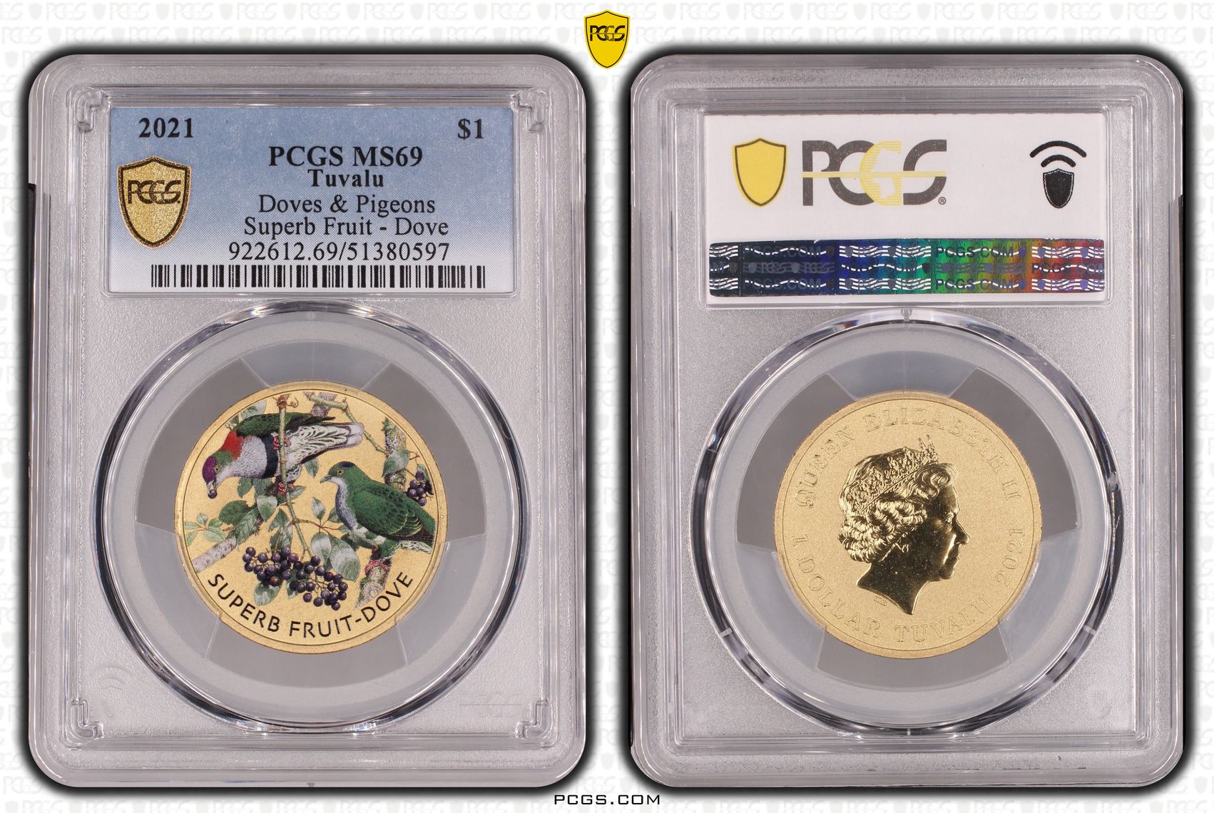 Tuvalu, Doves & Pigeons, POP 10/0, One Dollar, 2021, PCGS MS69