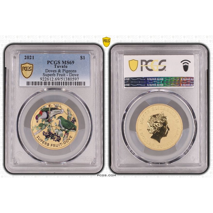 Tuvalu, Doves & Pigeons, POP 10/0, One Dollar, 2021, PCGS MS69