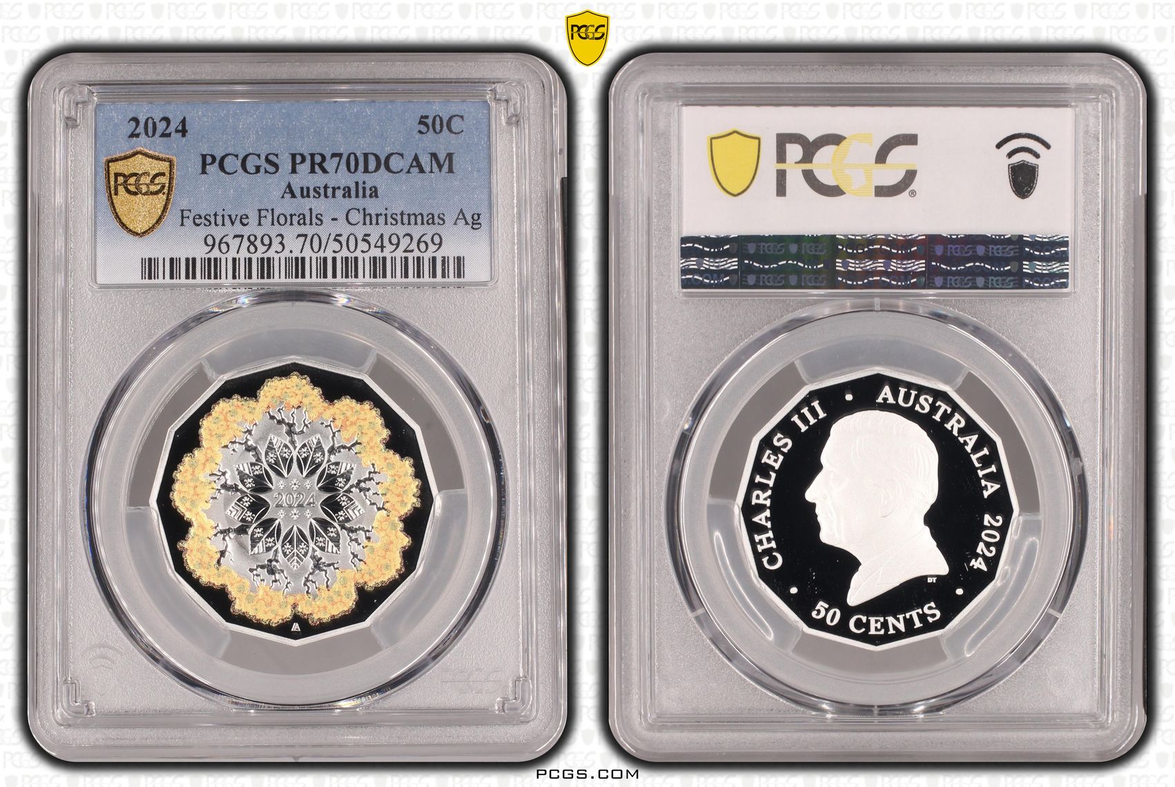 Festive Florals - Christmas Ag Colorized, POP 8/0, Fifty Cent, 2024, PCGS PR70DCAM