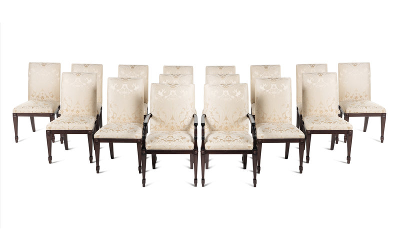 A Set of Sixteen Contemporary Damask-Upholstered Dining Chairs