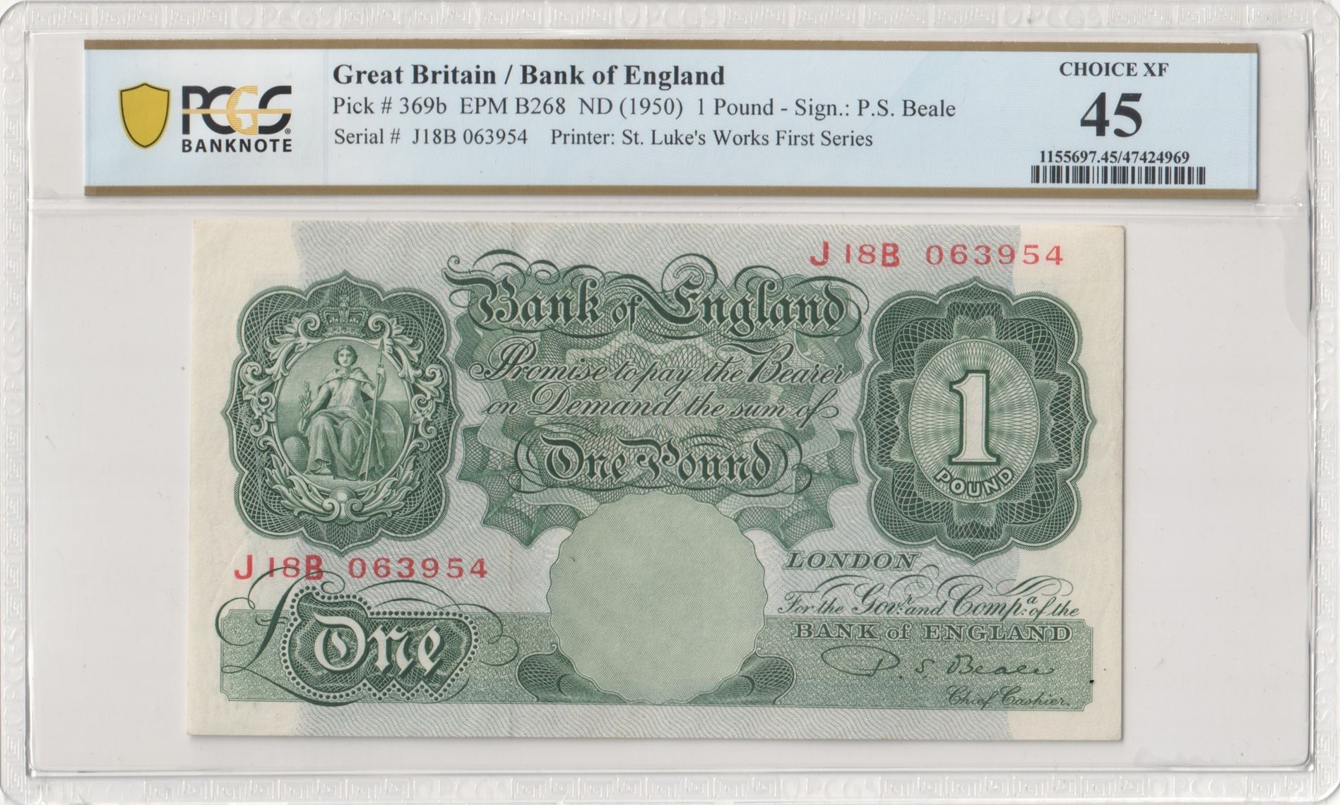 Great Britain, St. Luke's Works, P.S. Beale, First Series, One Pound, 1950, PCGS Choice XF 45