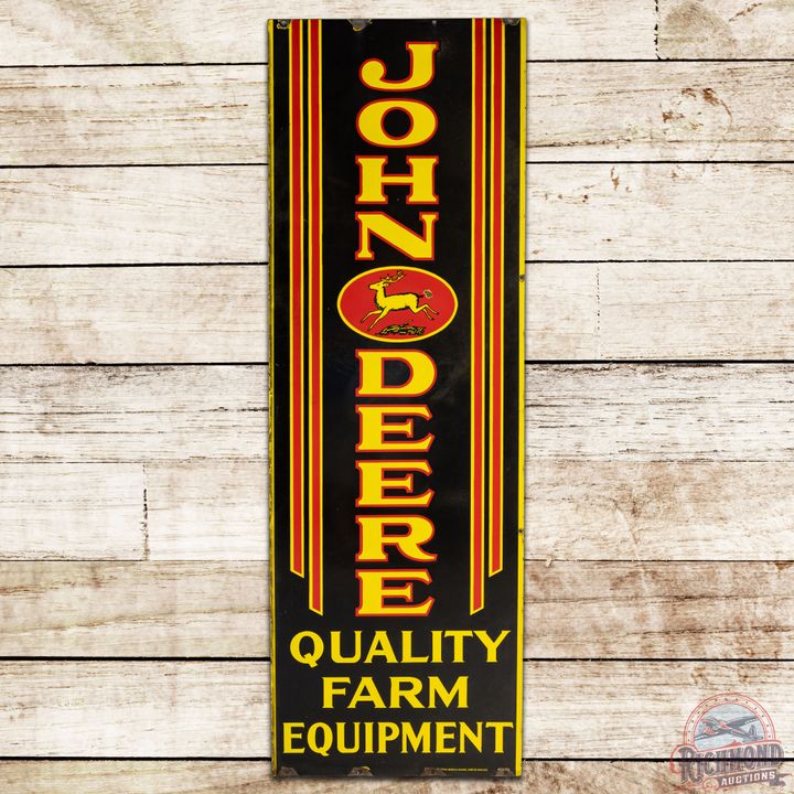 John Deere Quality Farm Equipment Vertical 6' DS Porcelain Sign w/ 4 Legged Deer Logo