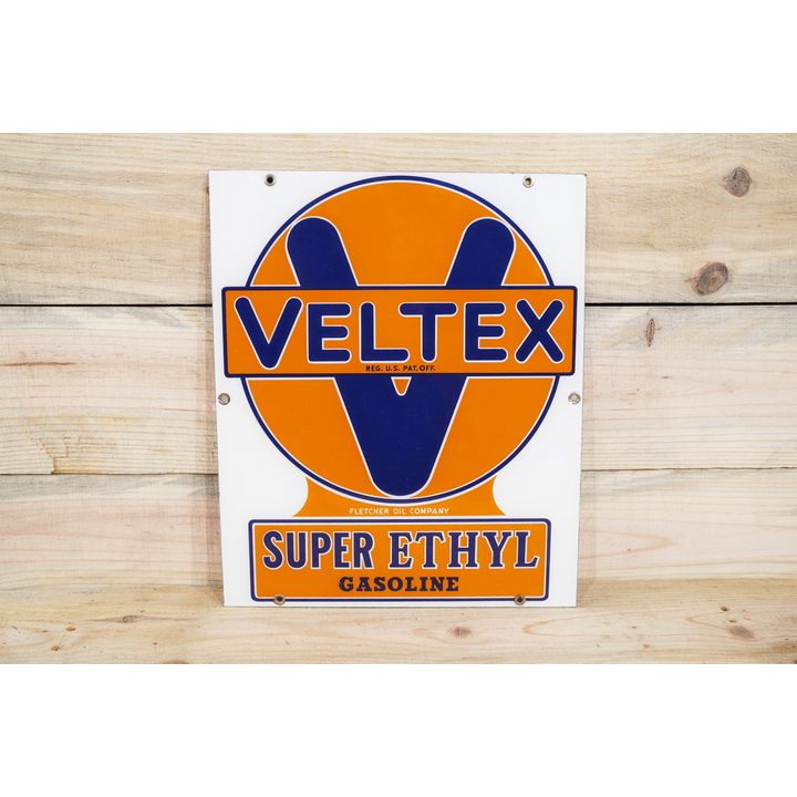 Veltex Super Ethyl Gasoline Single Sided Porcelain Pump Sign TAC 9.75
