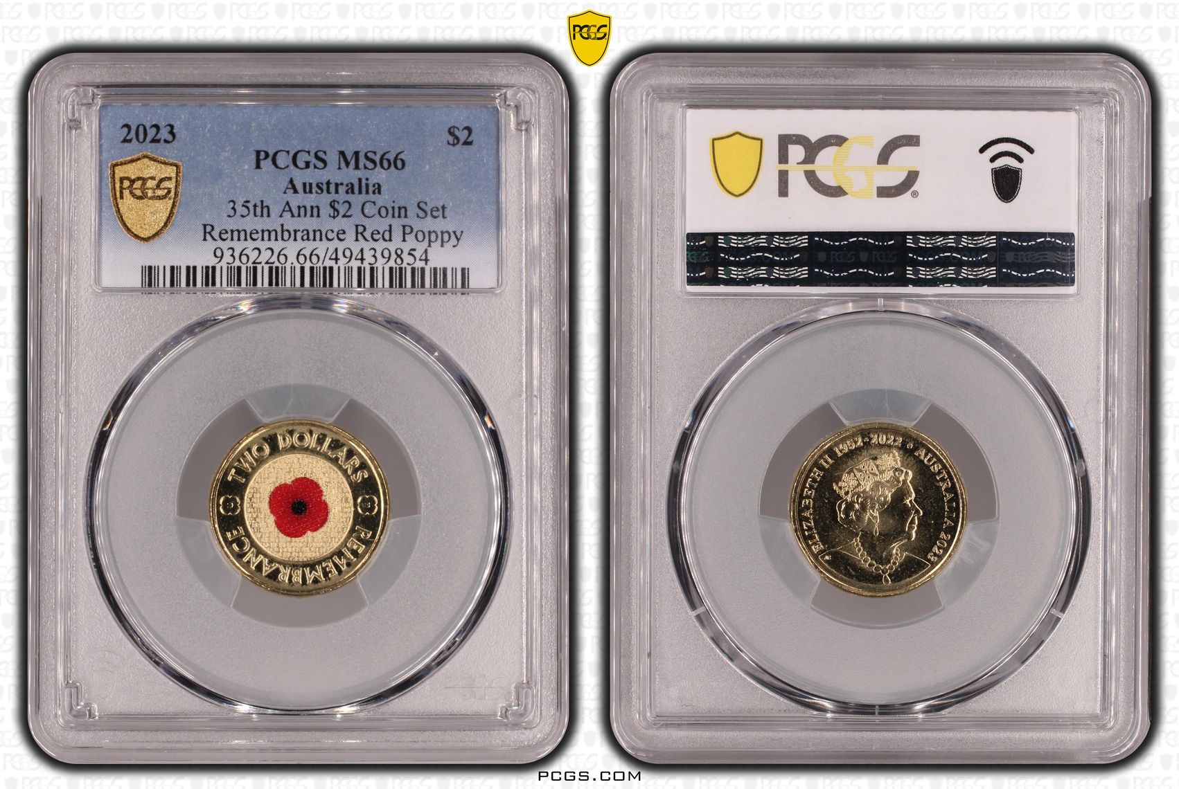 Elizabeth II, 35th Ann $2 Coin Set Colorized Remembrance Red Poppy , Two Dollar, 2023, PCGS MS66