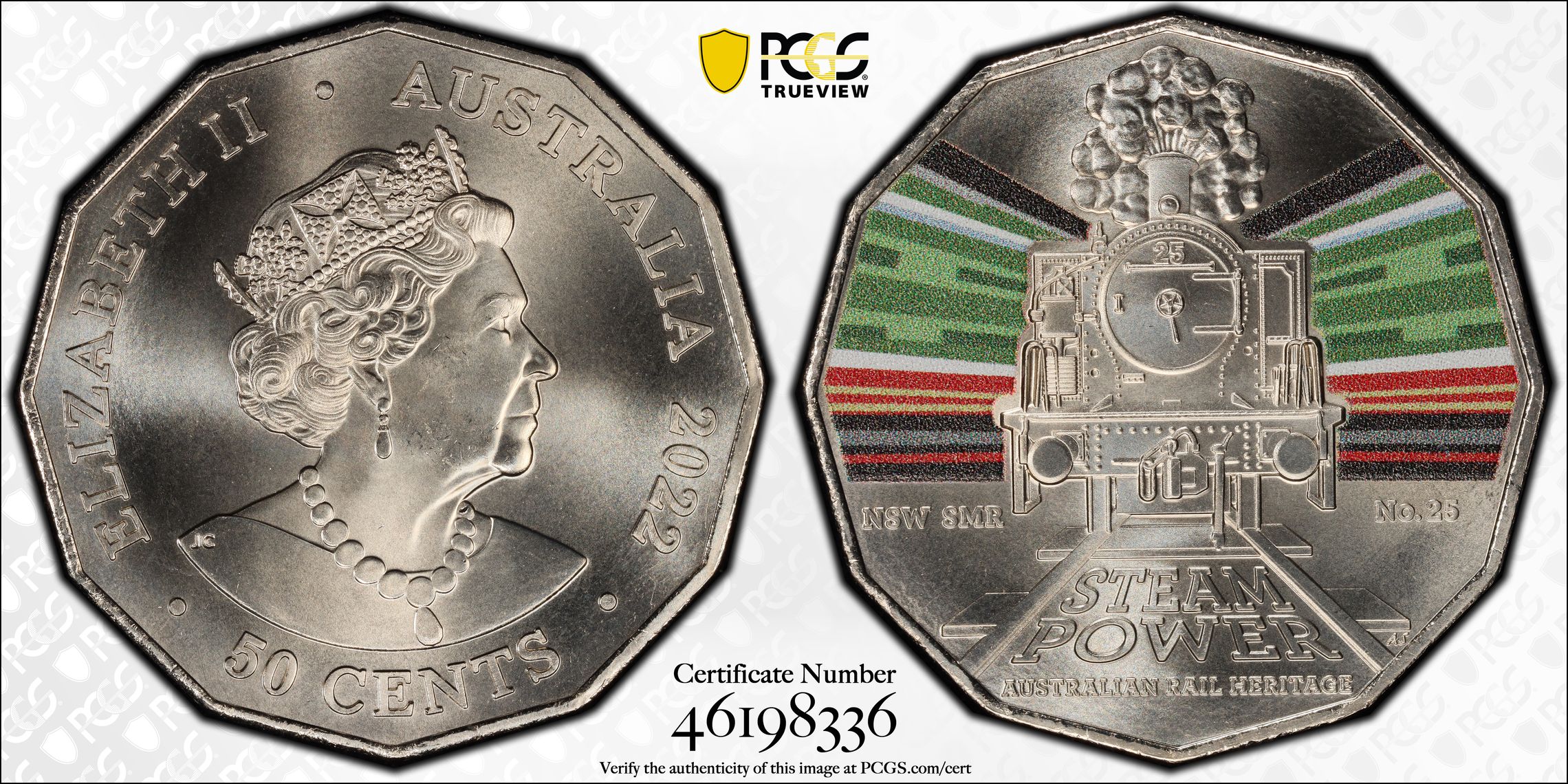 207 · Elizabeth II, NSW S. Maitland Rail No.25 - Australian Rail Heritage , Fifty Cent, 2022, PCGS MS69