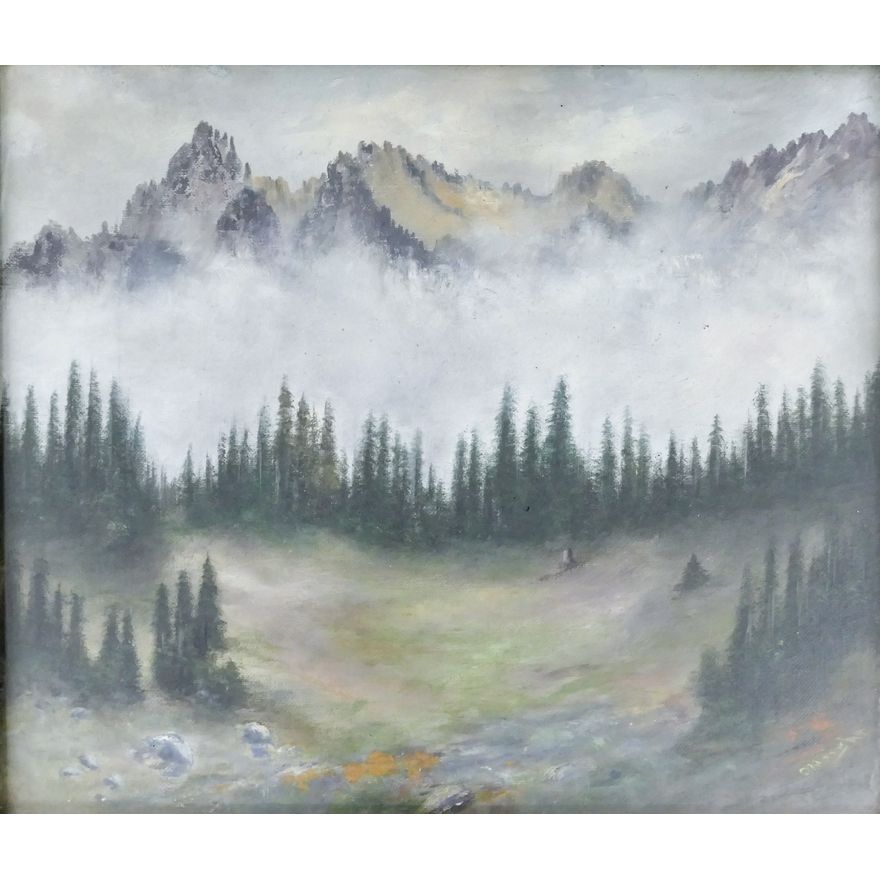 Antique Illegibly Signed Mountain Scene Oil on Canvas Framed 14.5''X16.5''