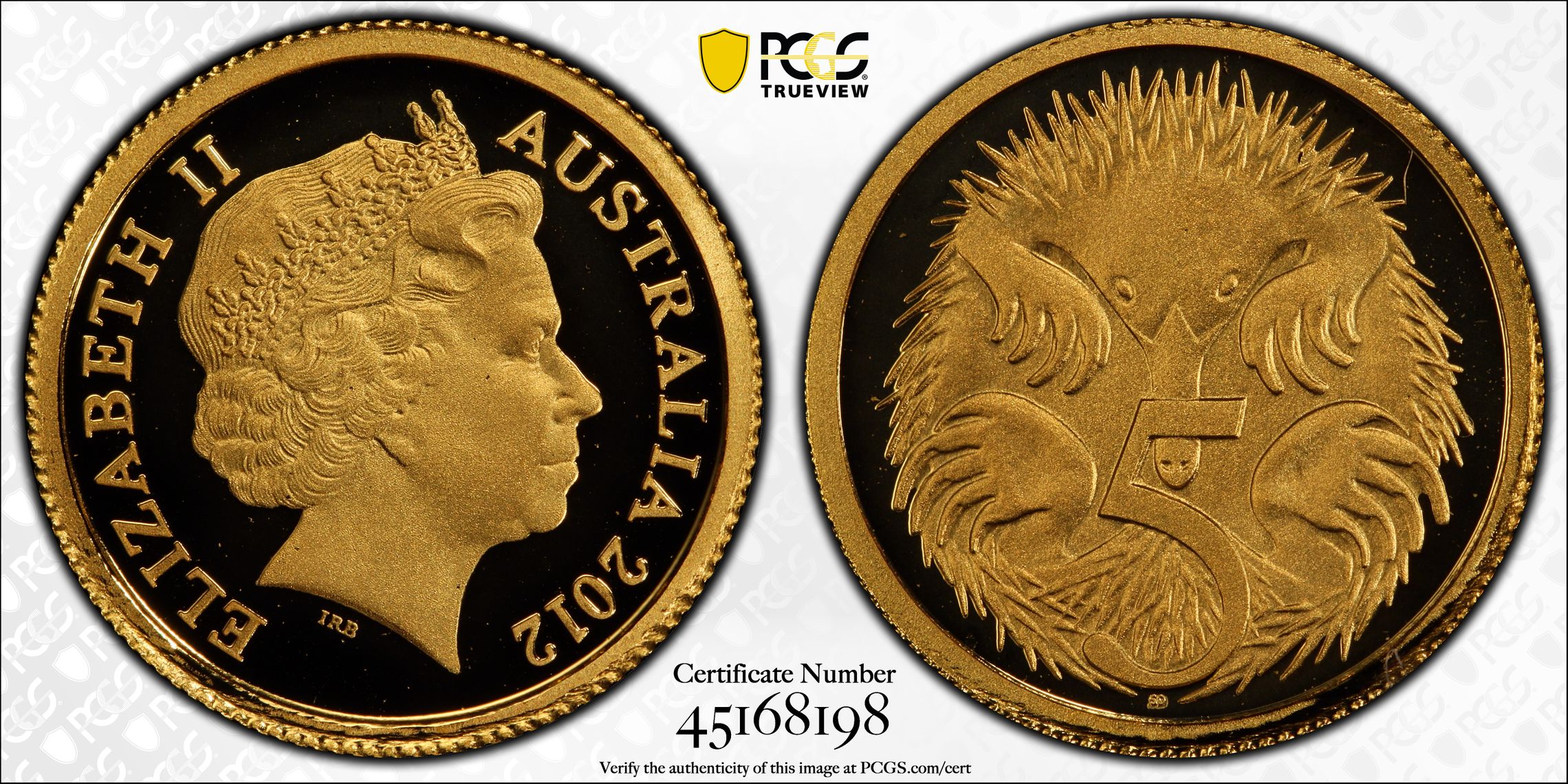 2012 Australian Gold Five Cent, 5c Proof Echidna PCGS - PR70DCAM POP 11/0 -198