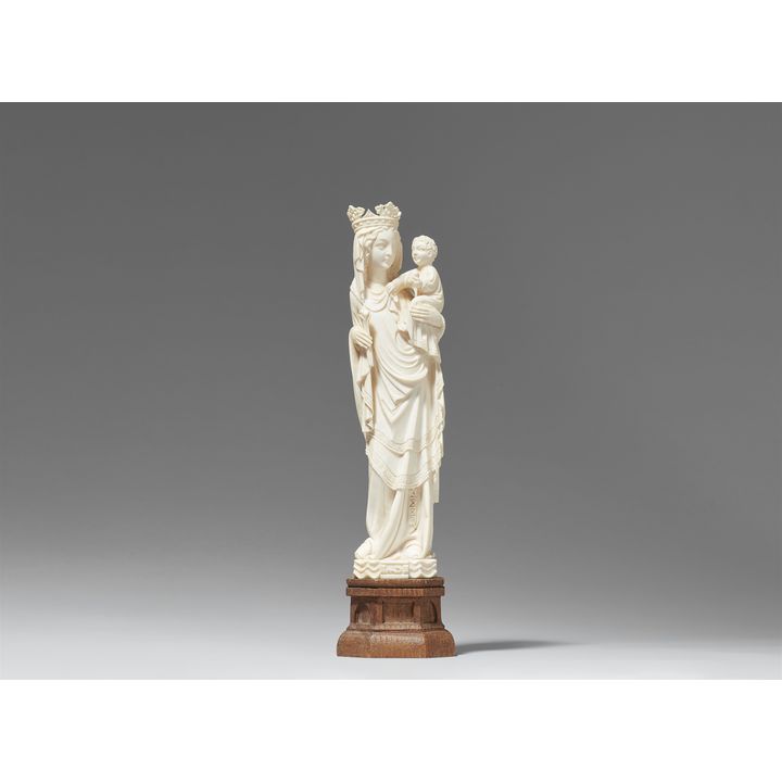 An Indo-portuguese ivory figure of the Virgin Mary with Christ Child. India, Goa.  Late 19th century