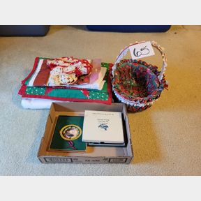 Small Christmas colored basket, linens and ornaments