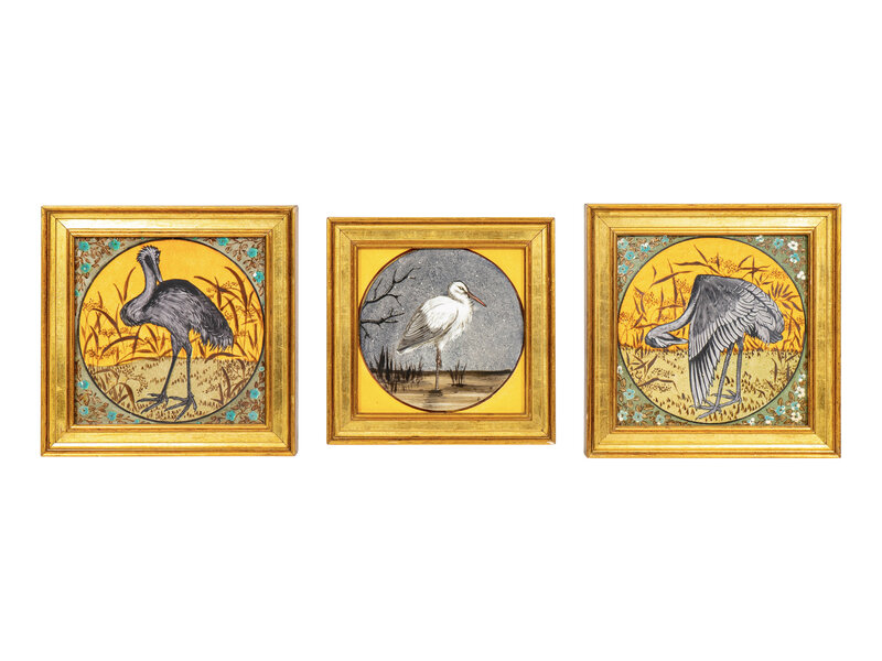 Three Framed English Stoneware Plaques with Birds