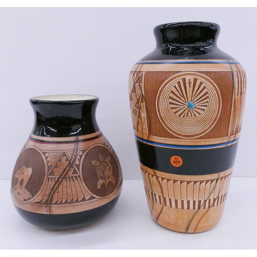 2pc Blackhorse Navajo Carved Ceramic Vases- 9'' and 14''