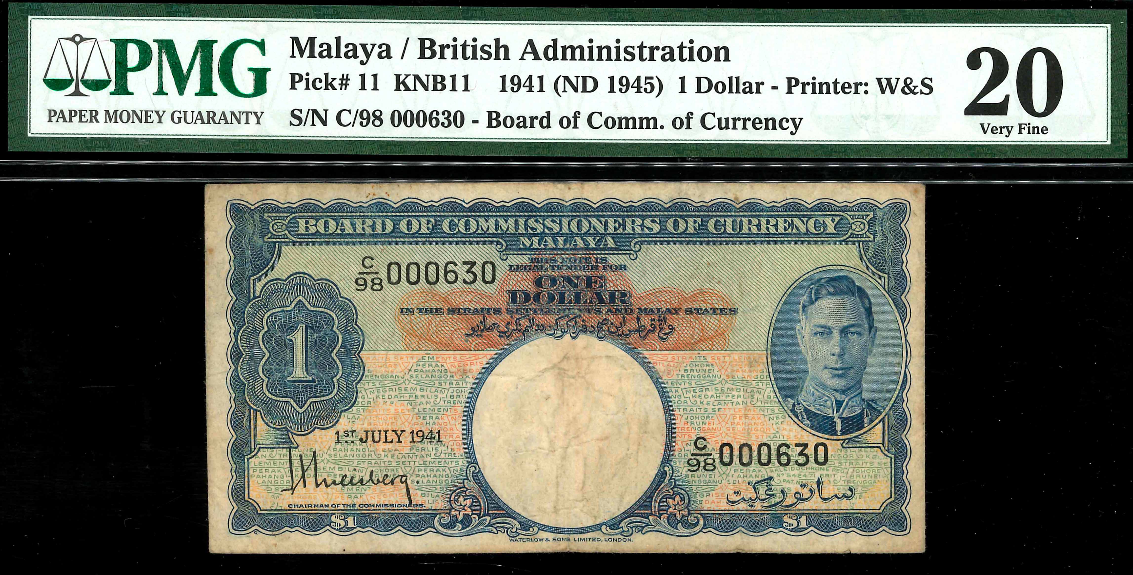 Malaya, 1941, 1 Dollar, S/N. C/98 000630, Rare Prefix, PMG 20 