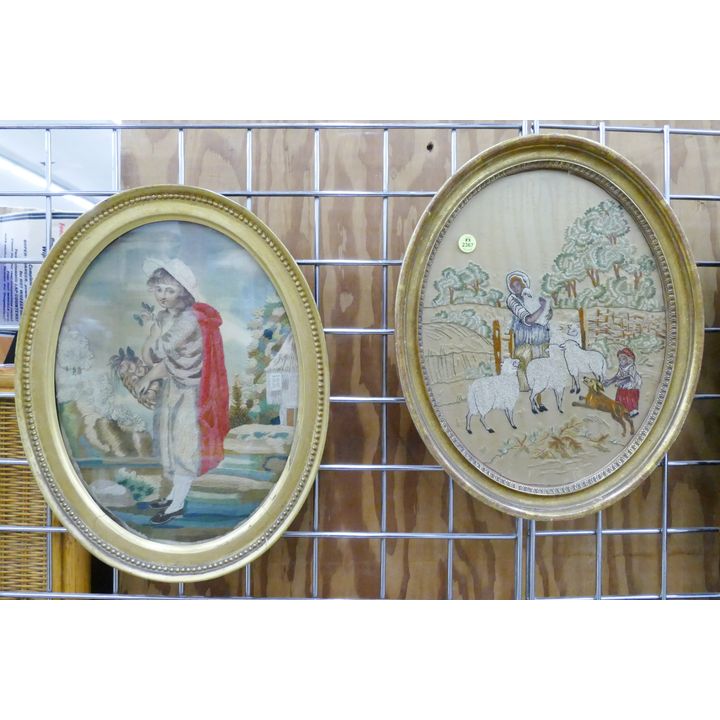 2pc Antique Oval Needleworks Framed- 16x13'' each