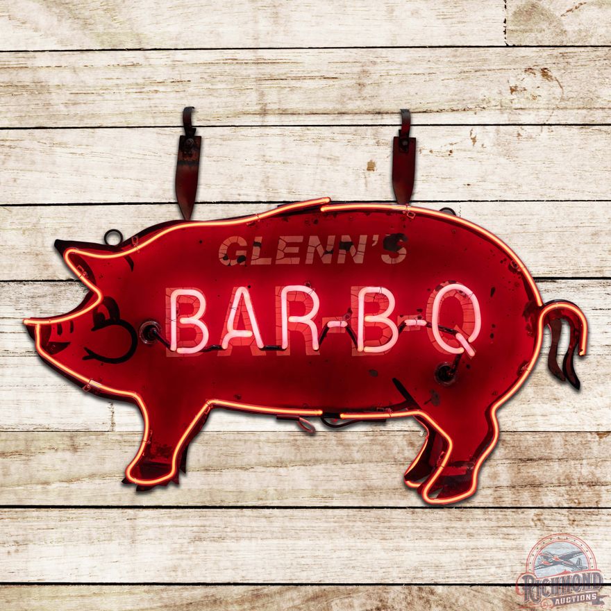 Glenn's BBQ Barbecue PIG Double Sided Tin Die Cut Neon Sign Kannapolis NC