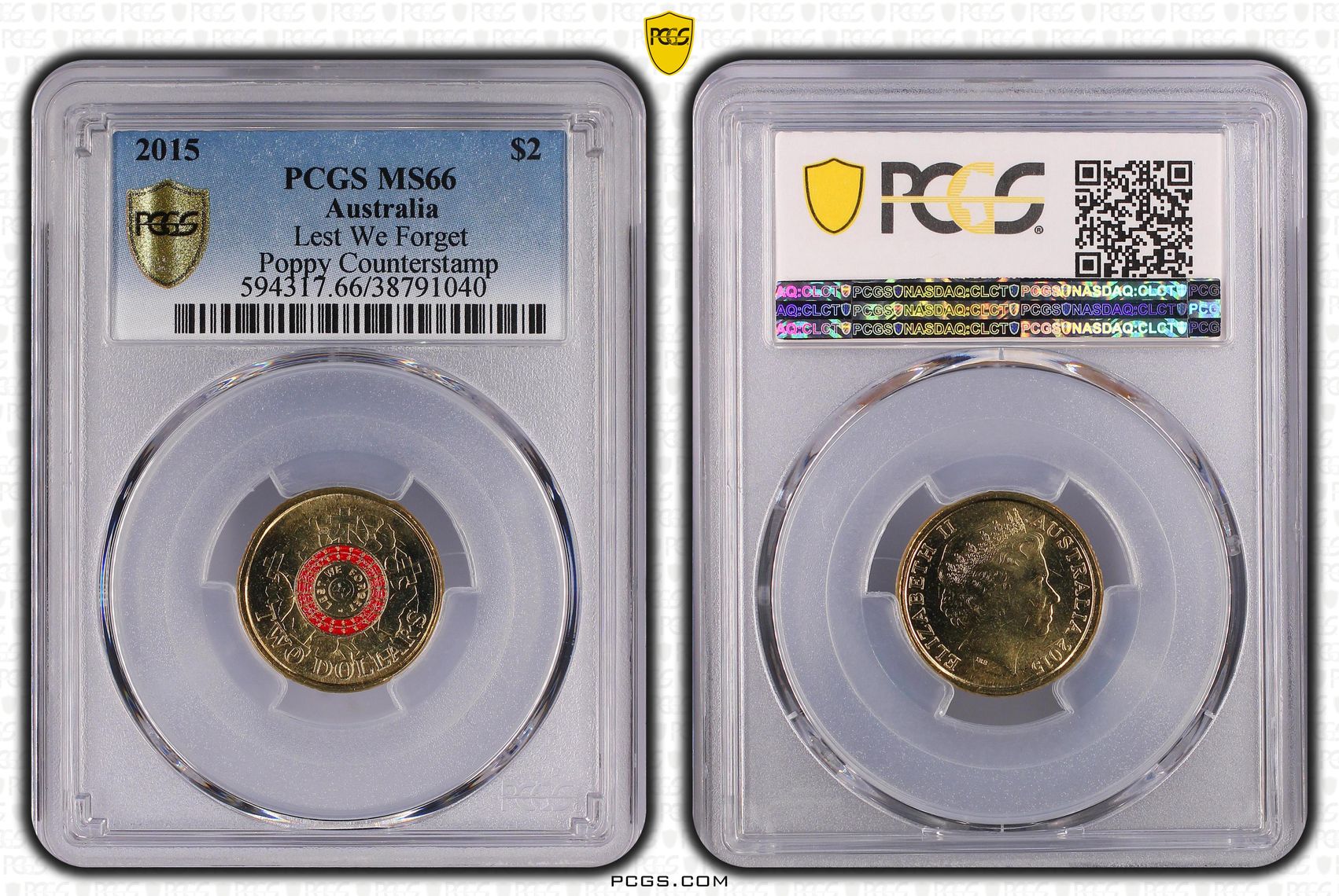 2015 Australia Two Dollar, $2 Lest We Forget Poppy counterstamp PCGS - MS66 -040