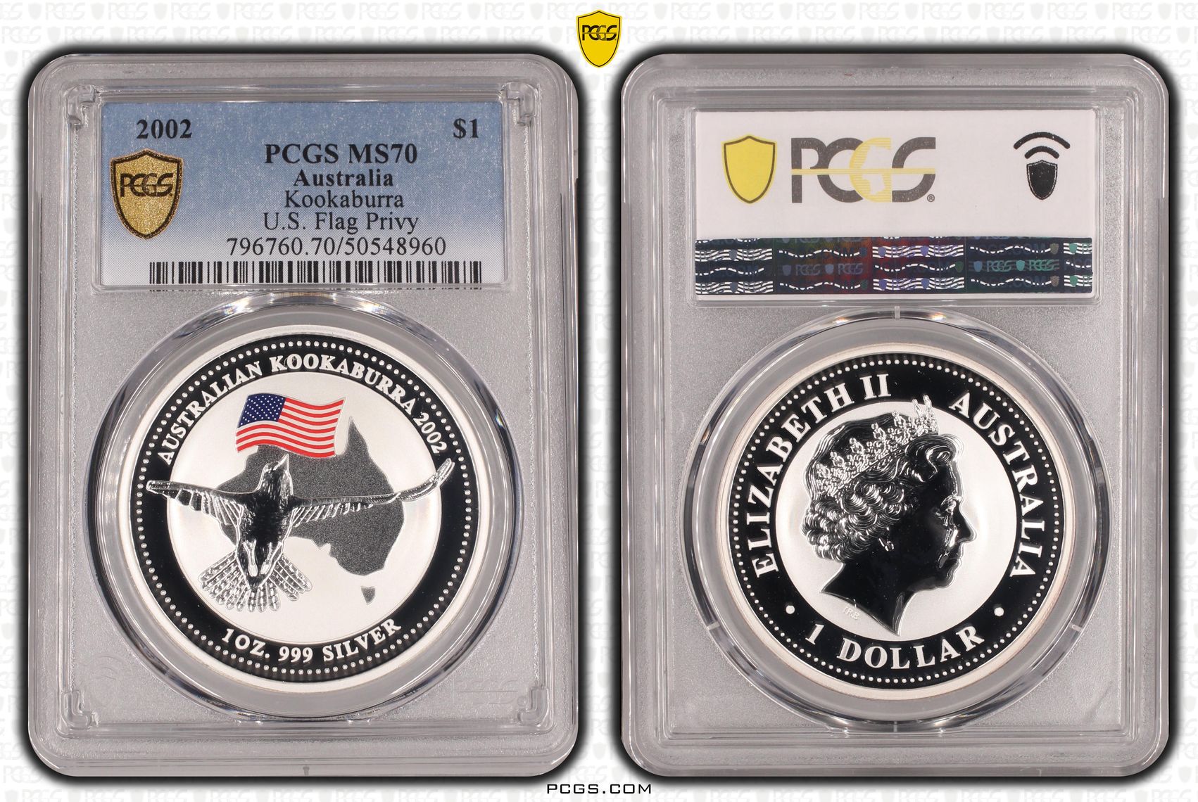 Kookaburra Silver U.S. Flag Privy, POP 1/0, One Dollar, 2002, PCGS MS70