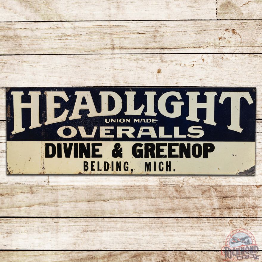 Headlight Union Made Overalls Embossed SS Tin Sign Belding Michigan