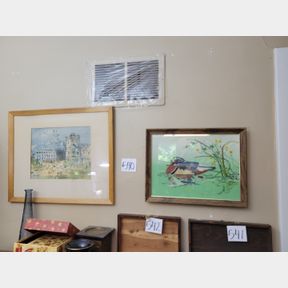 Framed European lithograph and duck wall d�cor