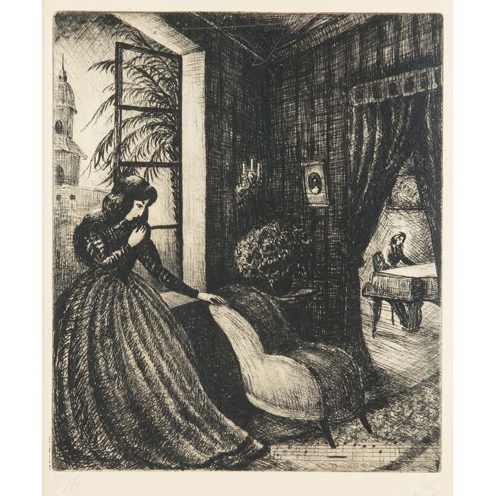 Władysław Jahl | George Sand słuchająca gry Chopina – z teki „Chopin”, 1949 r.