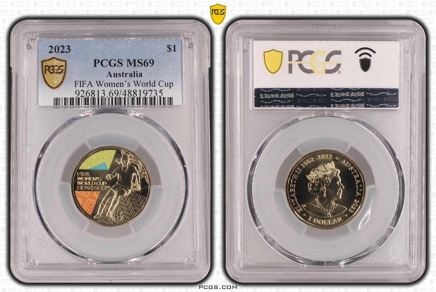 Elizabeth II, FIFA Women's World Cup Colorized, One Dollar, 2023, PCGS MS69