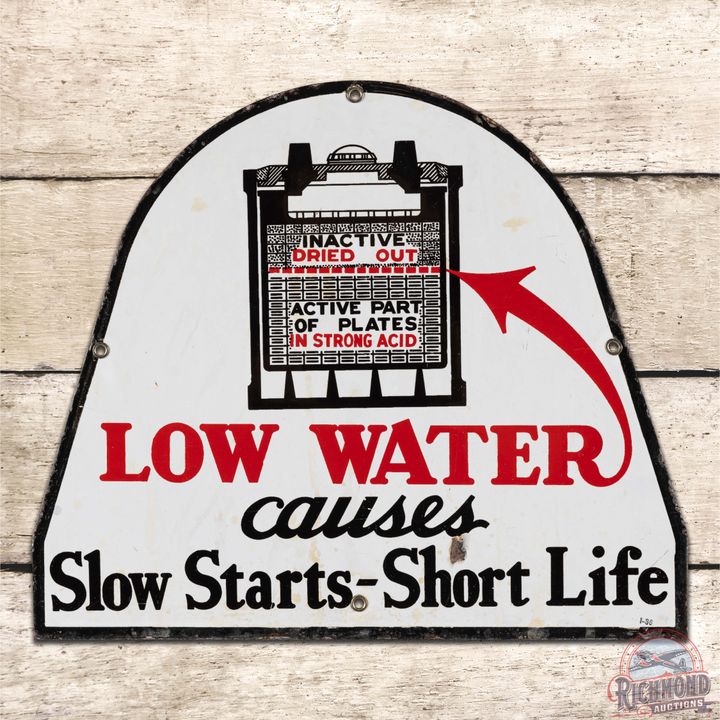 1936 Low Water causes Slow Starts Short Life Battery Die Cut Single Sided Porcelain Sign