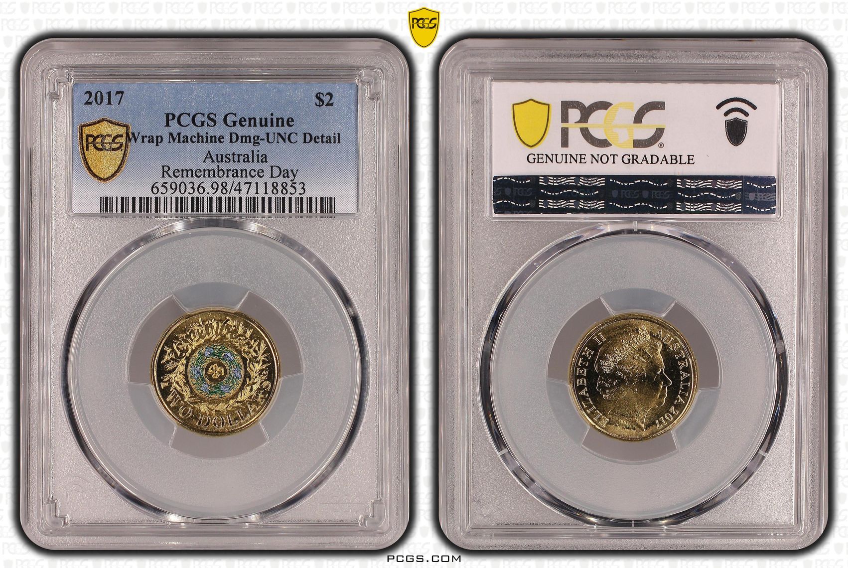 Elizabeth II, Remembrance Day, Two Dollar, 2017, PCGS Genuine - UNC Details (98 - Damage)