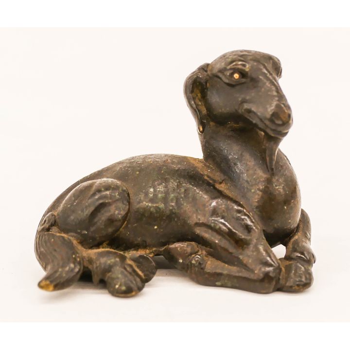 Chinese Qing Goat Gold Inlaid Bronze Scroll Weight