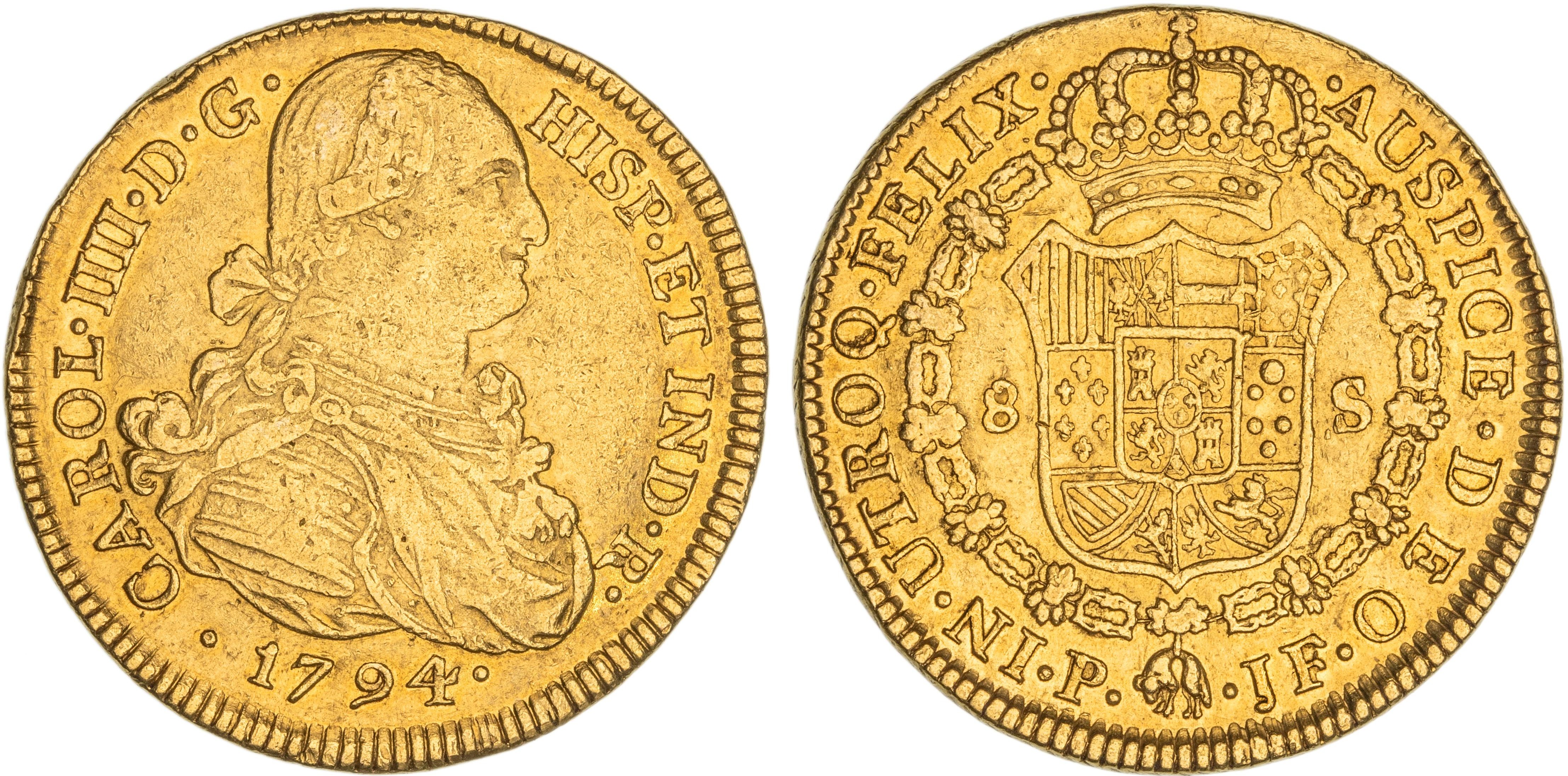 Colombia, Charles IV, Eight Escudos, 1794-JF, aEF