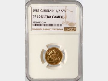 1985 ELIZABETH II PROOF GOLD HALF SOVEREIGN PF69 ULTRA CAMEO
