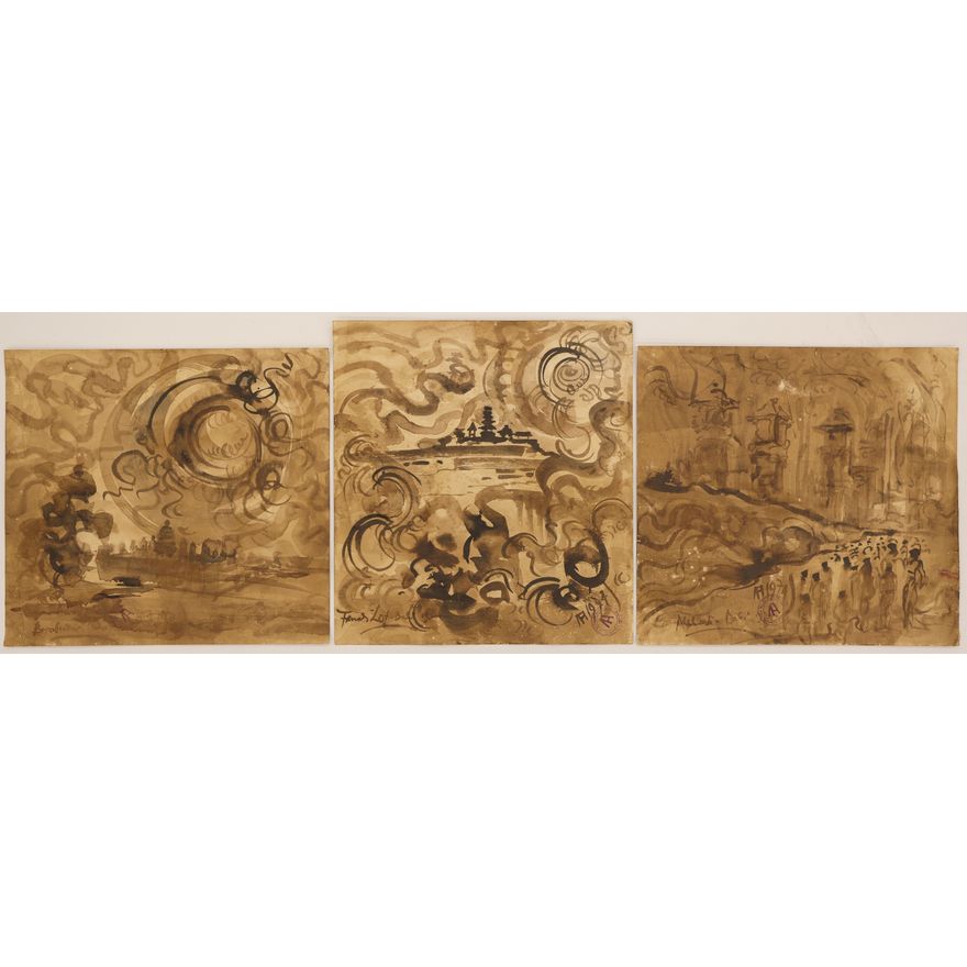 Kusama Affandi ''Three Temple Drawings'' 1970's Ink