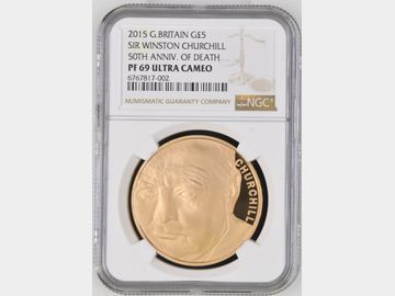 2015 PROOF GOLD 5 POUND 'SIR WINSTON CHURCHILL 50th ANNIVERSARY DAY' PF69 UCAM