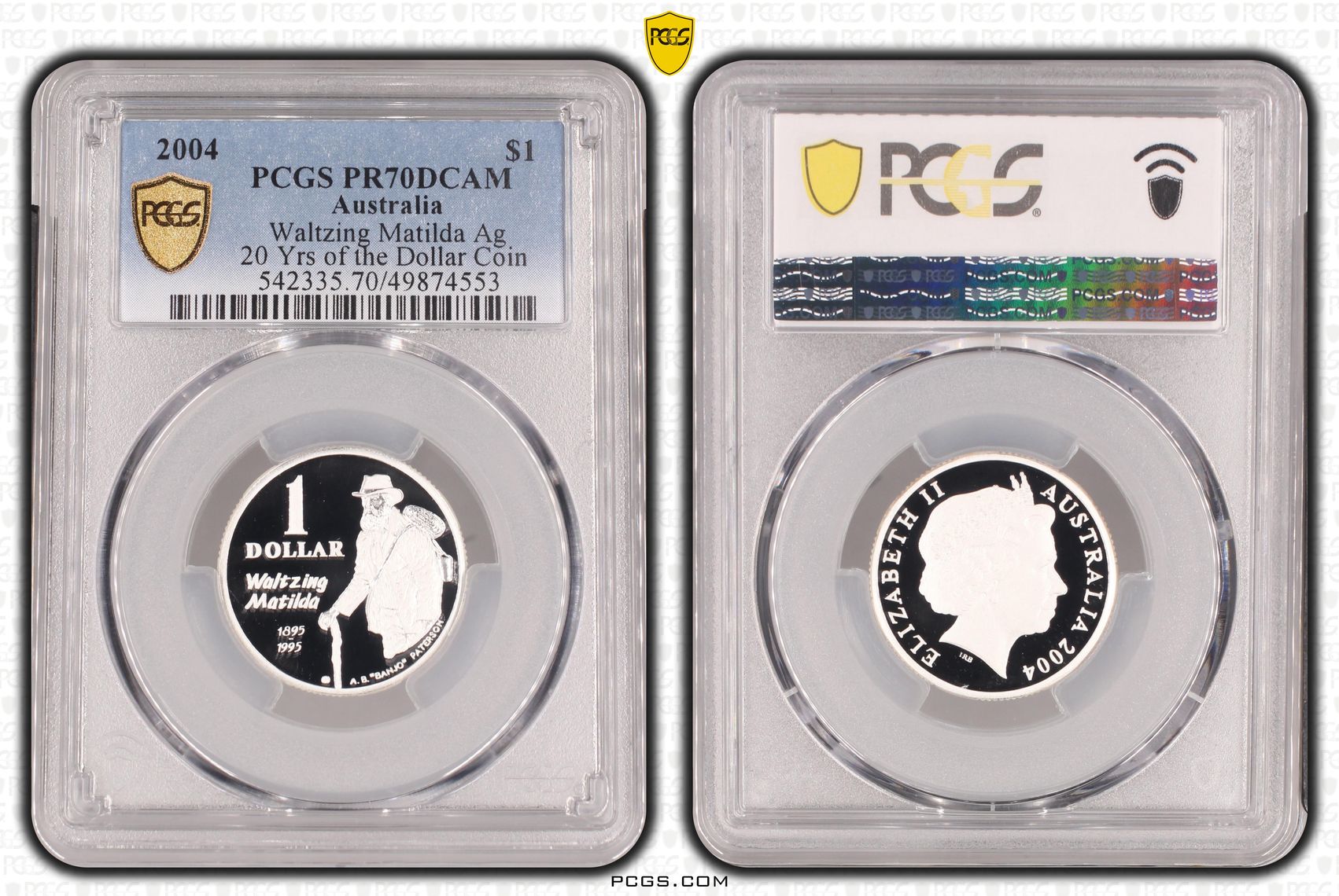 Waltzing Matilda Ag - 20 Yrs of the Dollar Coin POP 18/0, One Dollar, 2004, PCGS PR70DCAM