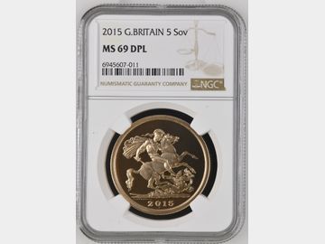 2015 ELIZABETH II BU GOLD 5 POUND COIN MS69 DPL