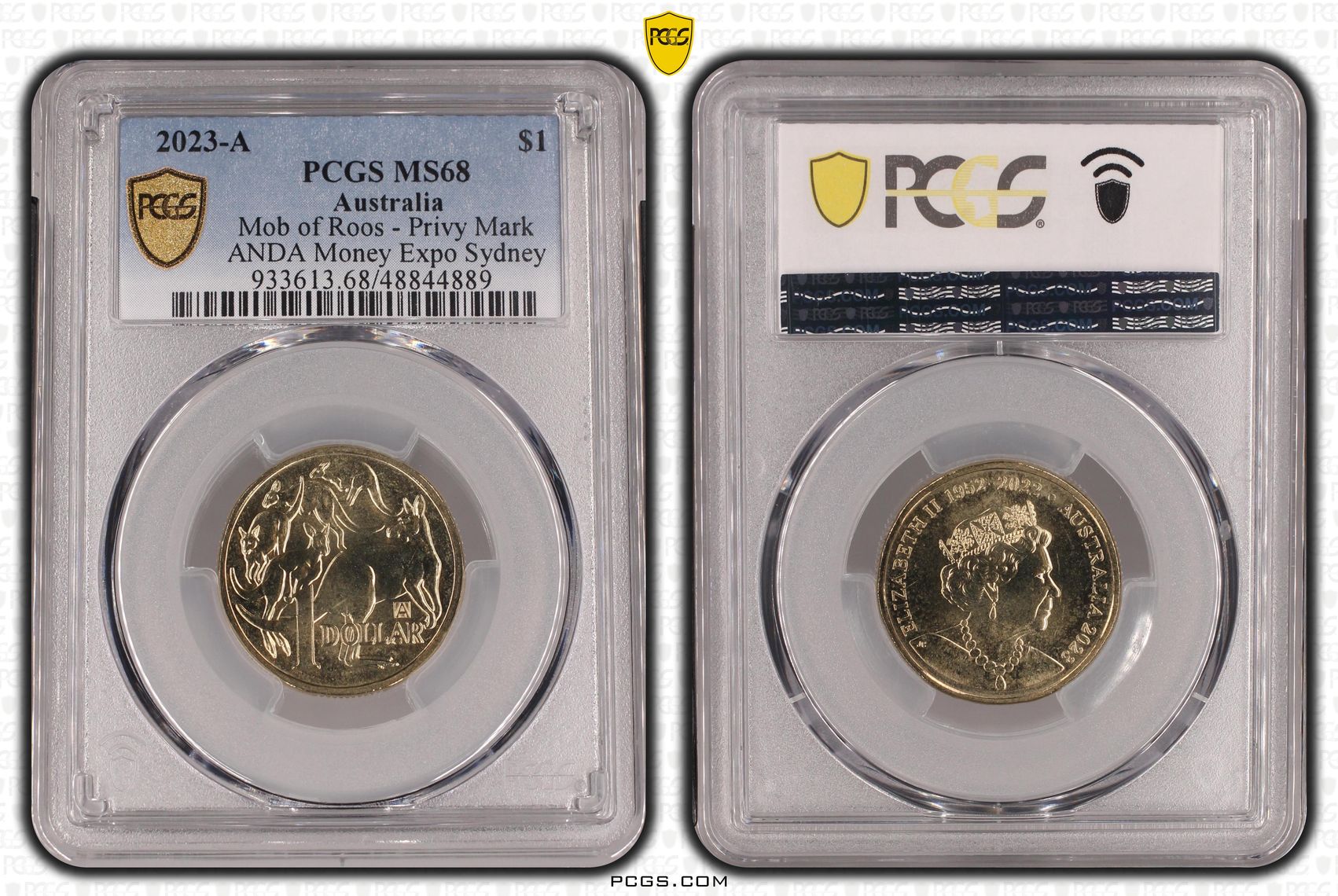 Mob of Roos - Privy Mark ANDA Money Expo Sydney, One Dollar, 2023-A, PCGS MS68