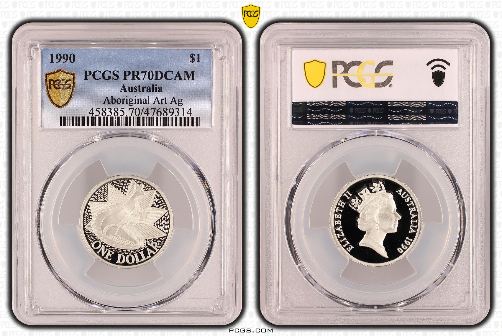 Elizabeth II, Aboriginal Art Ag - Kangaroo, One Dollar, 1990, PCGS PR70DCAM
