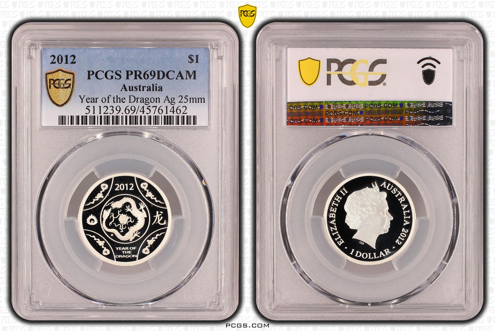 Elizabeth II, Dragon Silver 25mm, One Dollar, 2012, PCGS PR 69DCAM