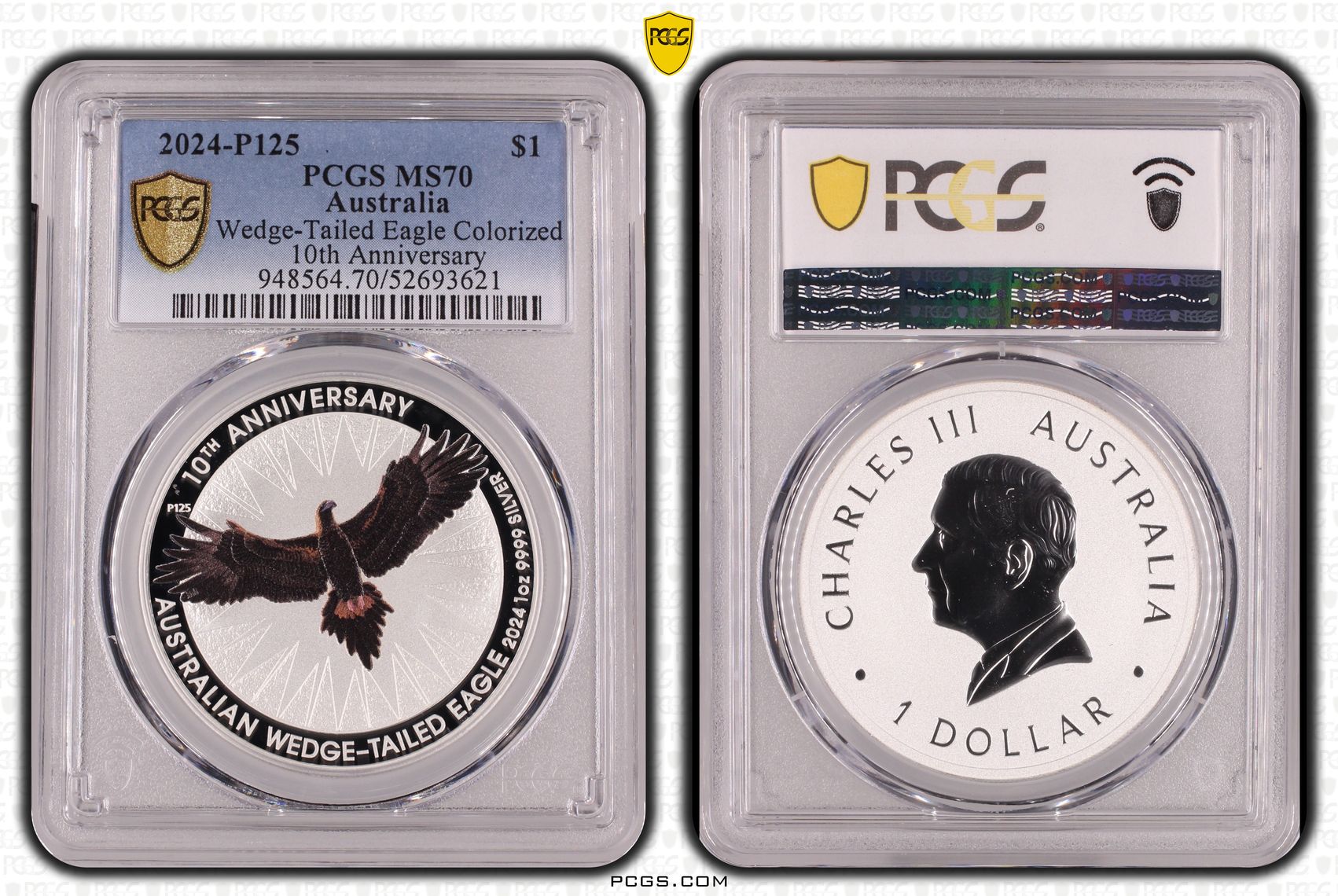 Wedge-Tailed Eagle Colourised 10th Anniversary, 15/0, One Dollar, 2024-P125, MS70