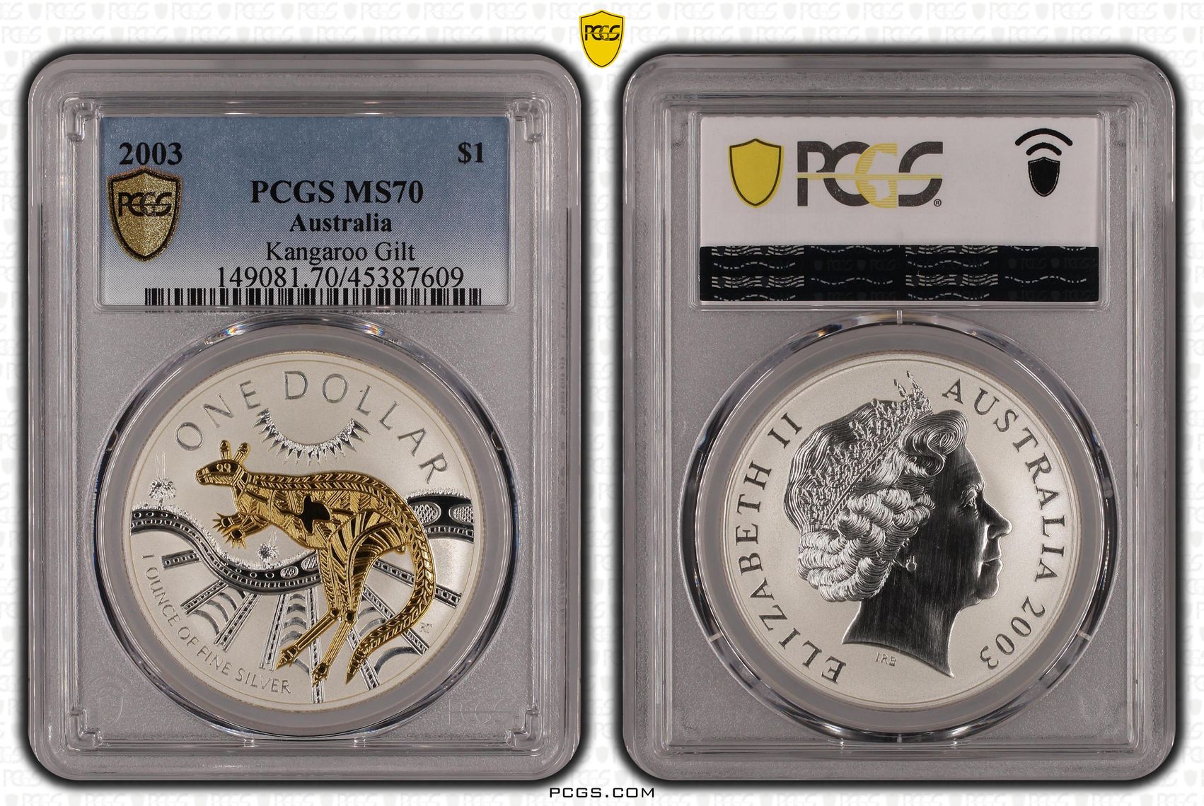 Kangaroo Ag Gilt, POP 14/0, One Dollar, 2003, PCGS MS70
